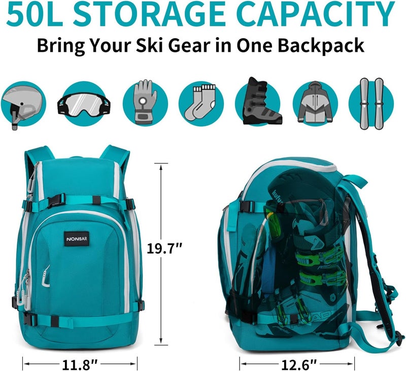 NONSAR Store 50L Ski Boot Bag - Waterproof Snowboard Boot Travel Backpack for Helmet, Googles, Gloves, Skis & Accessories for Men Women - Image 2